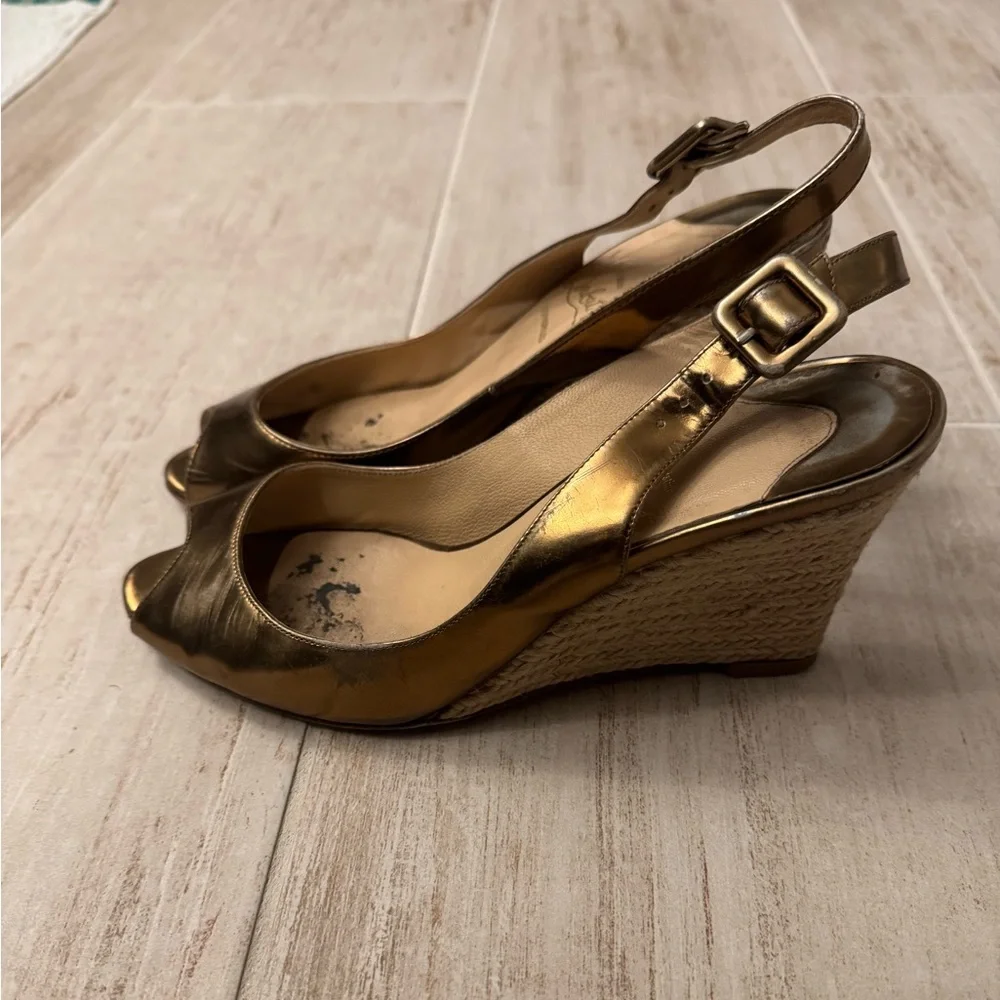 Christian Louboutin Metallic Gold Peep-Toe Wedge Slingbacks